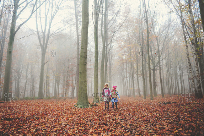 Girls in a misty fall woods