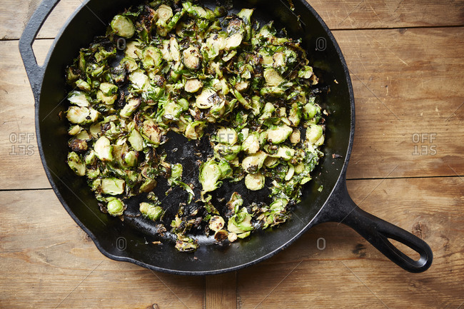 Roasted Brussels sprouts in a cast iron pan