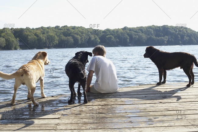 Man on Dock with Dogs, Three Mile Lake, Muskoka, Ontario, Canada