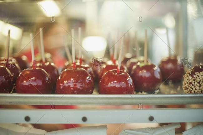 Candied apples on display at a store