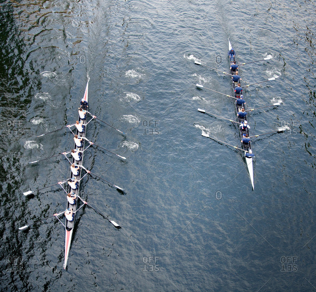 Two rowing teams in a regatta