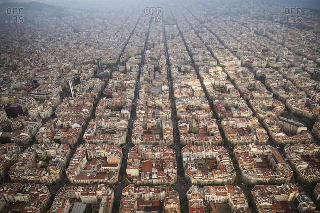 Bird\'s eye view on a cloudy day of Barcelona, Spain