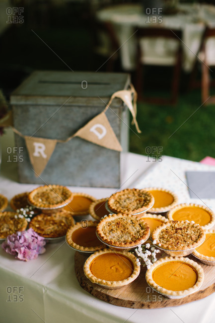 Pies on dessert table at a wedding