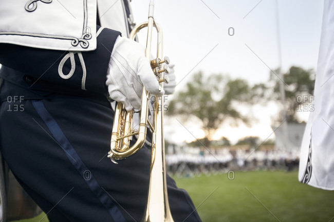 Close-up of trumpet player in a marching band