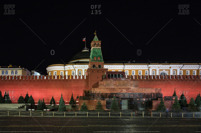 Lenin\'s Tomb stands in Moscow\'s Red Square with the brick-walled Kremlin in background
