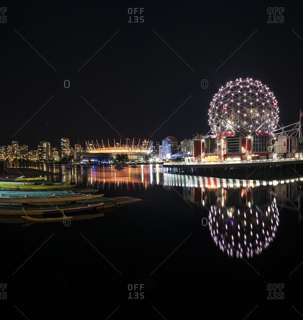 View to BC Place Stadium and Science World at Telus World of Science at night