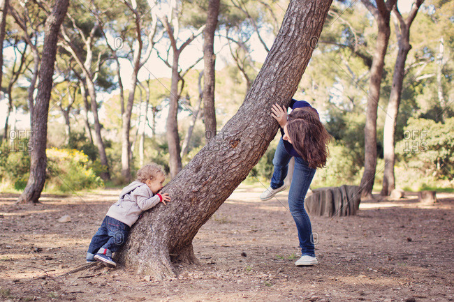 Mother and toddler boy play peek-a-boo around tree