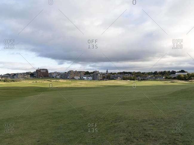 View of St. Andrews golf course and city in Scotland