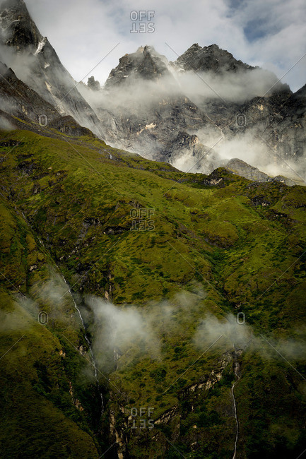 The mountains of the Everest Region are wrapped in clouds in monsoon season