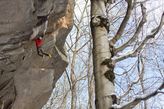 Person rock climbing, Cathedral Ledge, North Conway