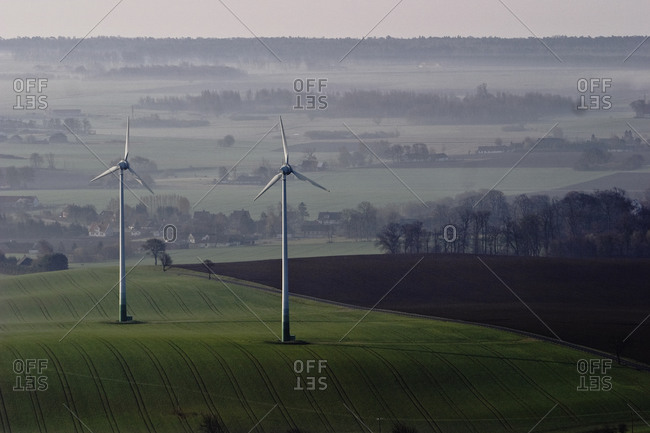 Wind turbines in agricultural district, Skane, Sweden