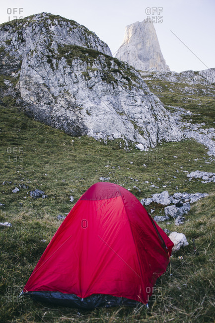 Tent with Picu Urriellu mountain in background