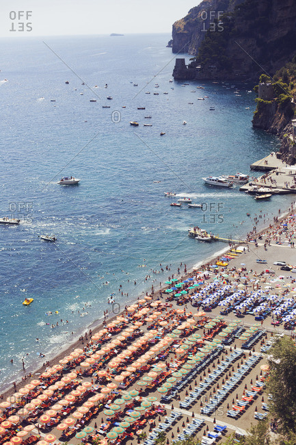 Overlooking rows of beach lounges in Italy