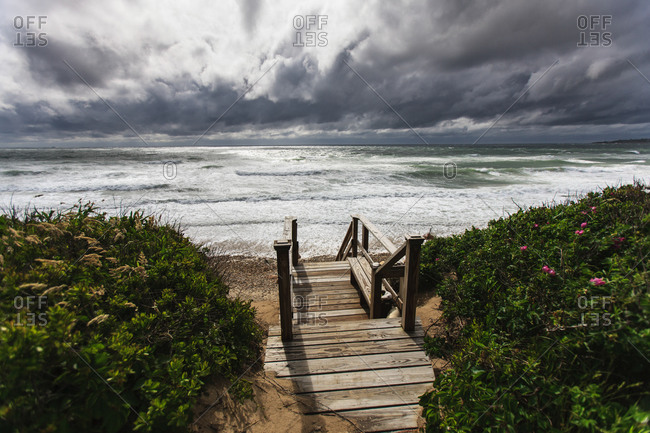 Wooden stairs leading to Crescent Beach, Block Island, Rhode Island, USA