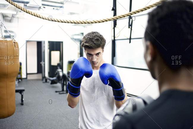 Young men practicing boxing in their company\'s gym