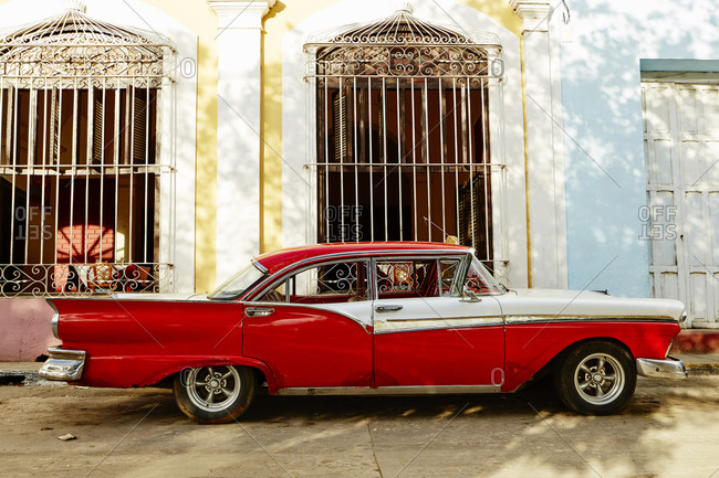 Vintage car parked on street, Trinidad and Tobago