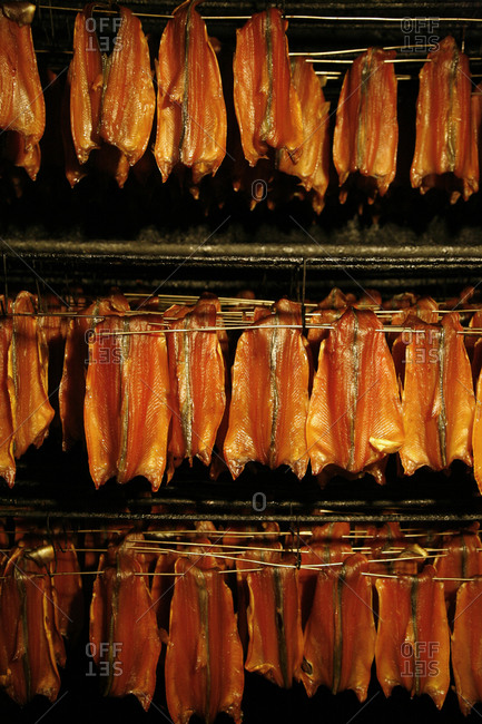 Trout fish being smoked at the Weiss Family Smokery, Patagonia, Argentina