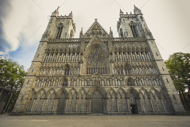Low angle view of cathedral against sky, Trondheim, Norway