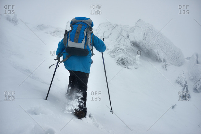 Rear view of female hiking among snow