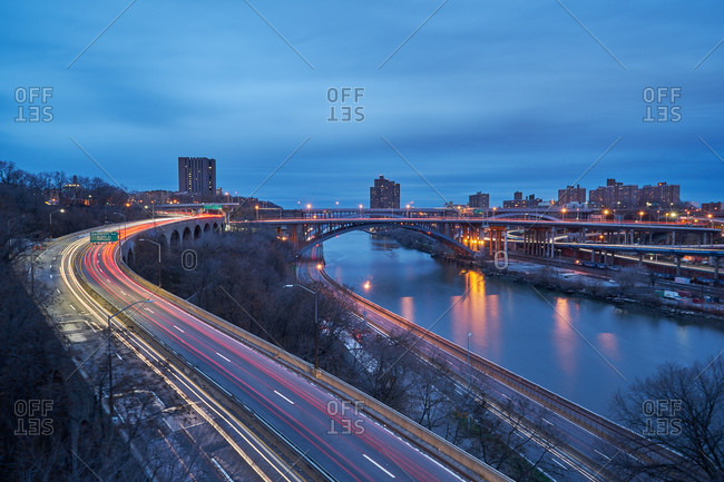 View of a highways and bridges in New York City at twilight