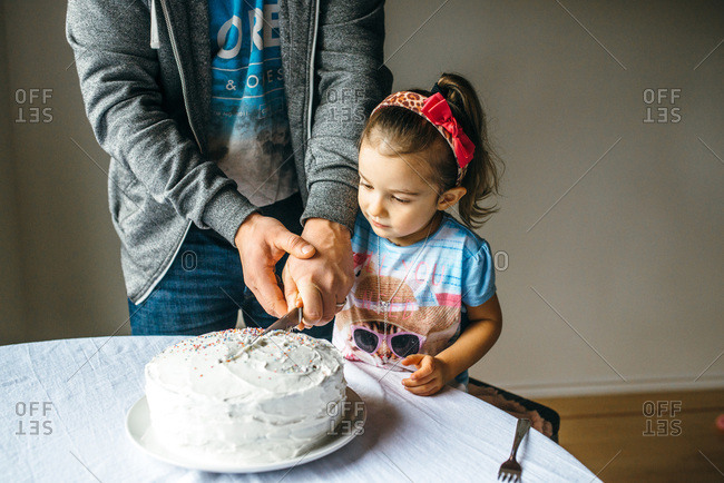 Man cutting a birthday cake for a little girl