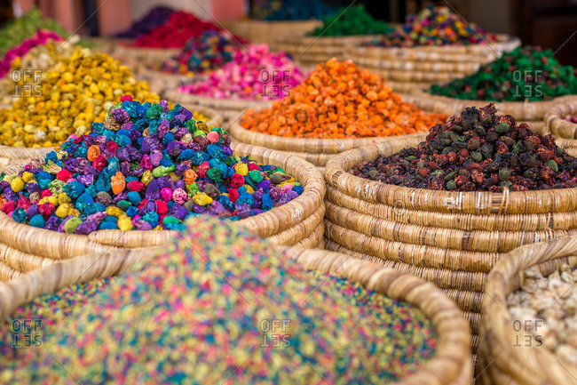 Colorful spices displayed at a market, Marrakech, Morocco