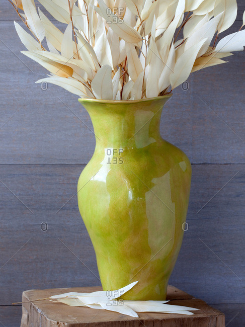 Chartreuse ceramic vase with dried leaf arrangement