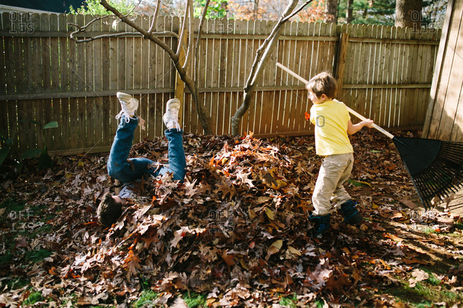 Father and son playing in a leaf pile in the fall