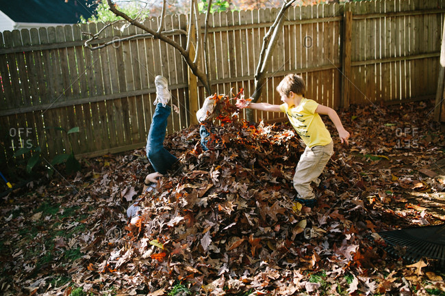 Father and son having fun in a leaf pile in the fall