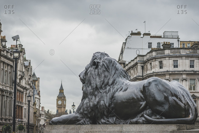 Lion sculpture in Trafalgar Sqare in London with Big Ben in the background