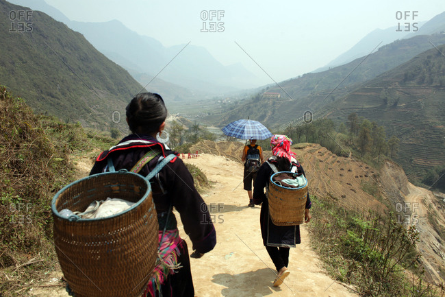 Tourists trekking with Black Hmong guides on trails near Sapa