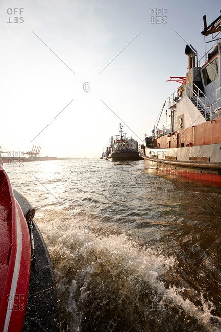 Harbor area near Oevelgoenne, view from a barge, Elbe, Hamburg, Germany