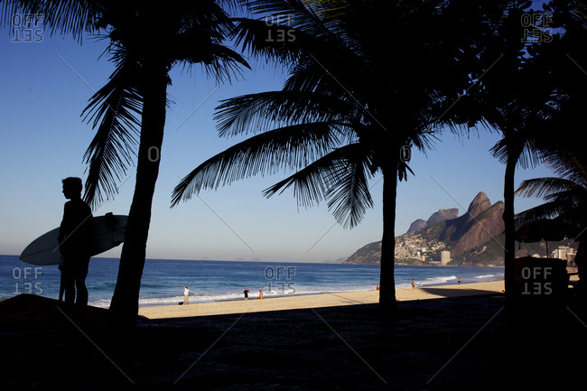 Palm trees and surfers on a beach in Rio de Janeiro