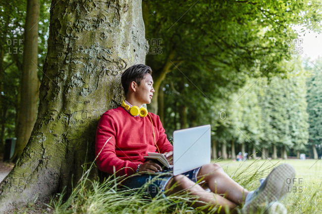Man leaning against tree using laptop in park