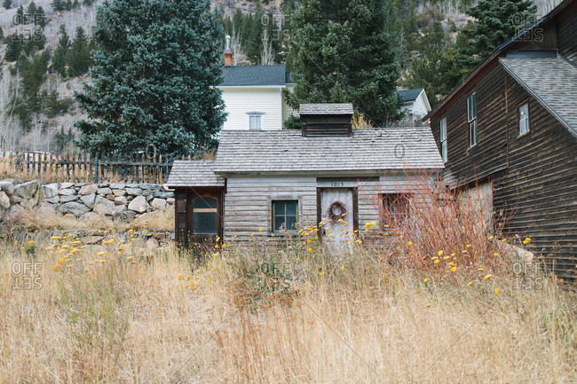 Quaint rustic wood cabin in a field in Colorado