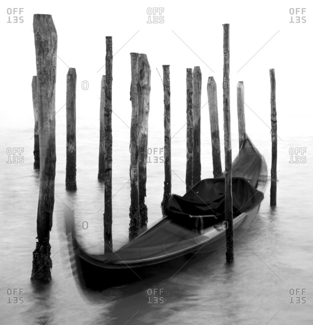 Gondola in the Saint Mark basin during a foggy day, Venice, Italy
