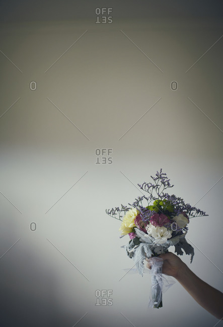 Hand holding a bouquet of flowers against a neutral background