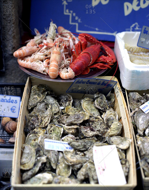 Oysters and lobsters in French market