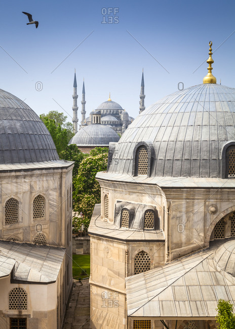 Close up of Haghia Sophia and Sultan Ahmed Mosque in Istanbul, Turkey