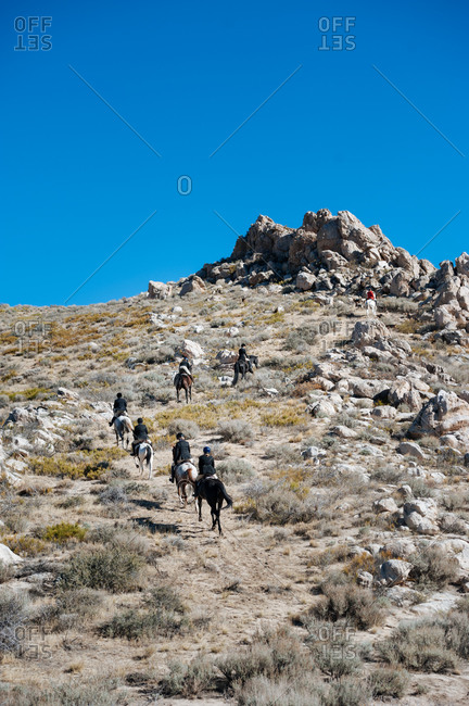 Fox hunt riders head uphill in Nevada desert
