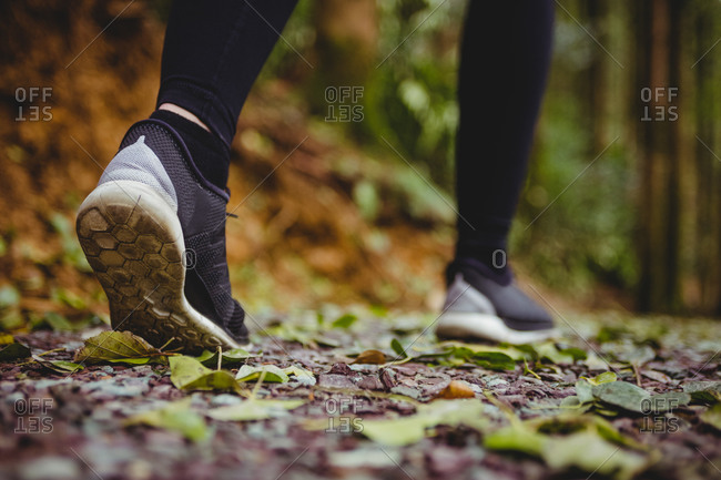 Close up view of woman sport shoes running in the woods