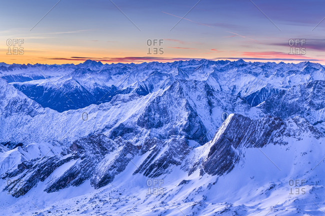 View towards Austria with Mieminger Range, sunrise on Zugspitze, sunrise on Zugspitze