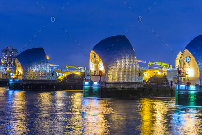 Flood barrier on the River Thames at night, London, United Kingdom