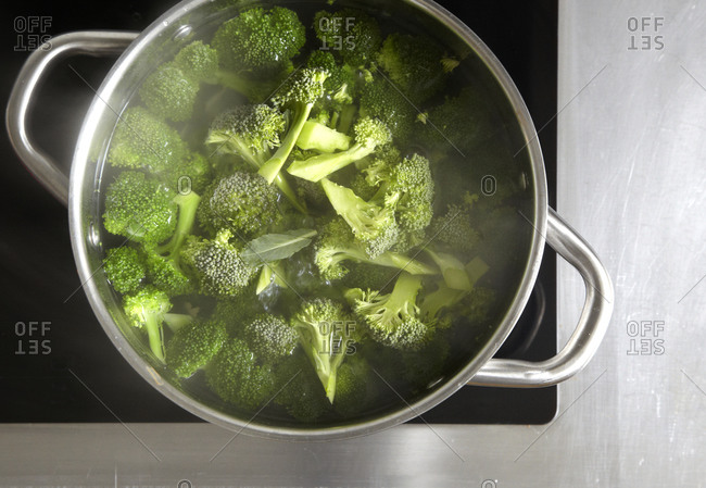 Broccoli steaming in a pot