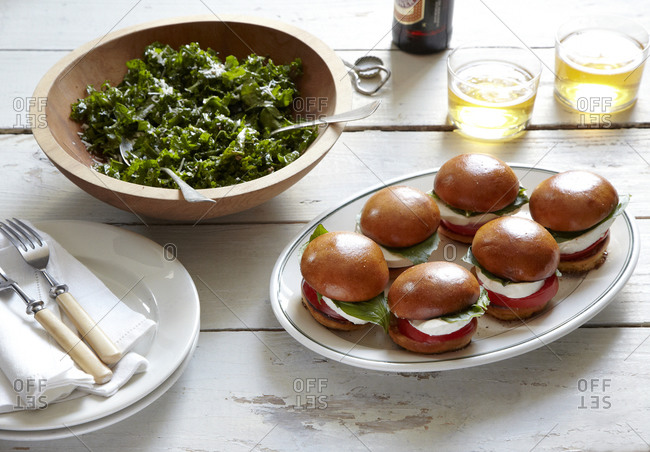 Mozzarella di bufala sliders, a side salad and two beers
