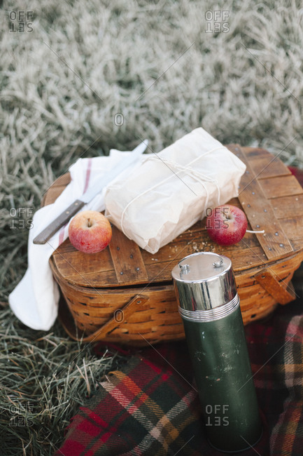 Apples, a wrapped cake and a vacuum flask sitting next to a fishing basket and tartan wool blanket