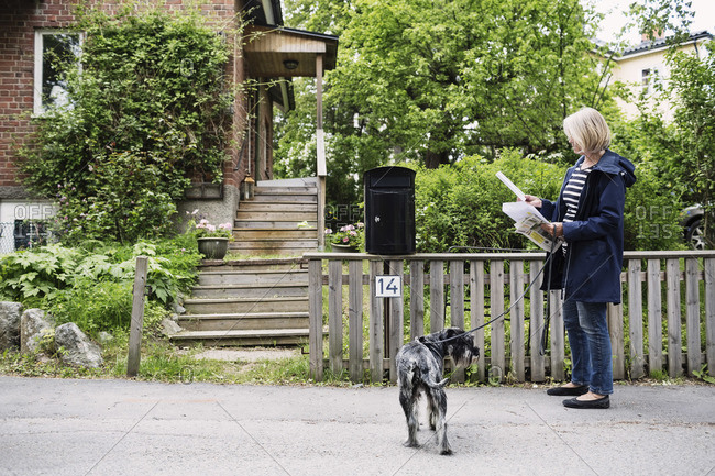Senior woman checking letters while standing with dog outside house