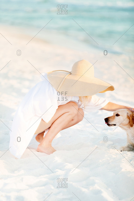 Woman putting dog on beach