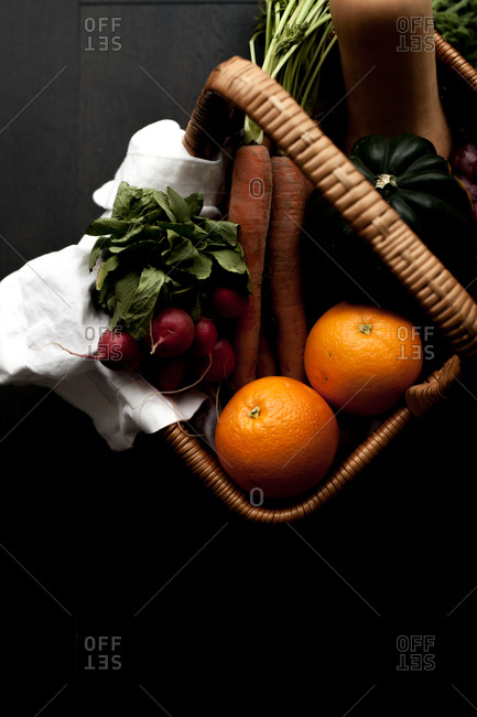 Close-up of a basket filled with fruits and vegetables