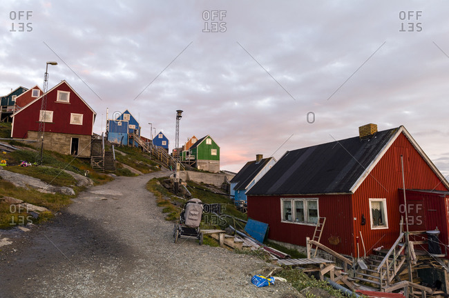 A quiet village street lined with cottages on an Arctic island